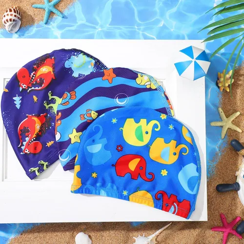 Vista 6 de Geyoga Gorros de natación para niños, 3 piezas, unisex, de poliéster, para piscina, gorra de verano para niños y niñas, pelo largo y corto