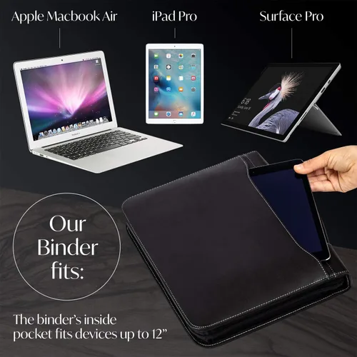 Vista 6 de Cartera profesional de cuero Carpeta con cremallera para entrevistas de negocios Organizador de 3 anillos para tabletas de hasta 13 pulgadas