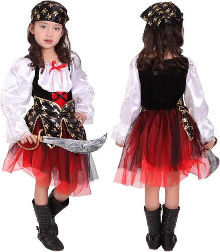 Vista 8 de Vestido pirata para niños, niñas, disfraz de Halloween, vestido midi de encaje de manga larga, chaleco de fiesta, club, cinturón de cintura, gorro