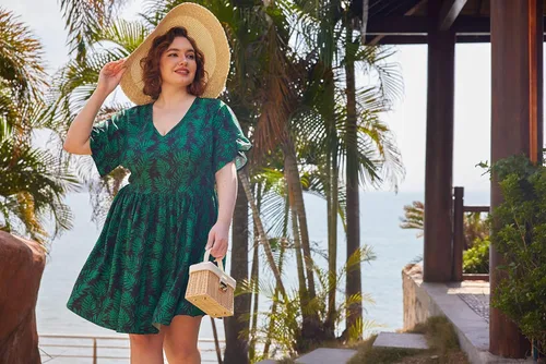 Vista 5 de CARCOS Vestido de talla grande para mujer, vestidos de manga corta, cuello en V, lazo en la cintura, vestido de verano, leopardo, floral, camuflaje