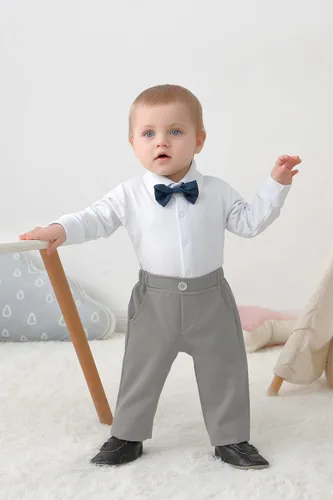 Vista 3 de DISAUR Ropa de bebé para niño, 4 piezas de traje de caballero + chaleco + pantalones + corbata de lazo de algodón
