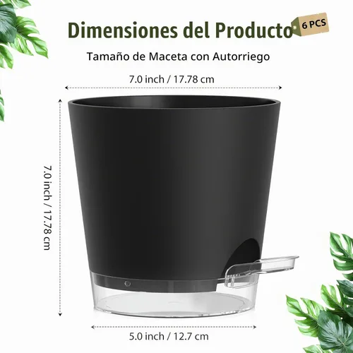 Vista 5 de Macetas de riego automático de 7 pulgadas, paquete de 6 macetas de plástico con agujeros de drenaje y platillos transparentes, macetas de plástico