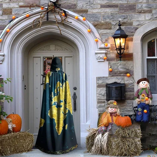 Vista 8 de Mapa del Mundo - Túnica con capucha para Halloween disfraz de cosplay aterrador bata de Capeman con capucha para mujer Negro
