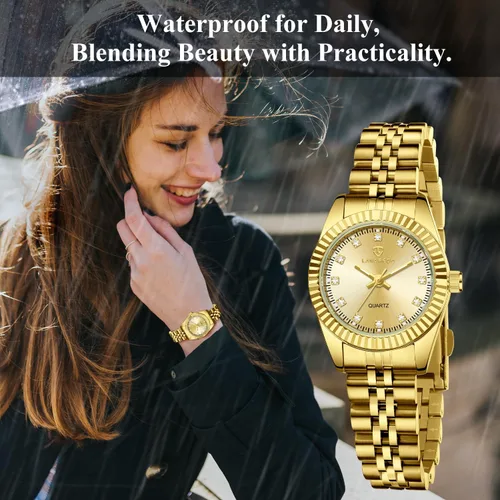 Vista 6 de Juego de reloj de oro para mujer, chapado en oro de 18 quilates, brazalete brazalete anillo para mujer, delicado reloj analógico impermeable