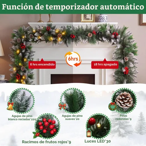 Vista 4 de Guirnalda de Navidad, Guirnalda de Navidad con Luces, Decoración de Navidad, 9 pies/2.7M, para Repisa de Chimenea, Hogar, Escaleras, Chimenea, Verde