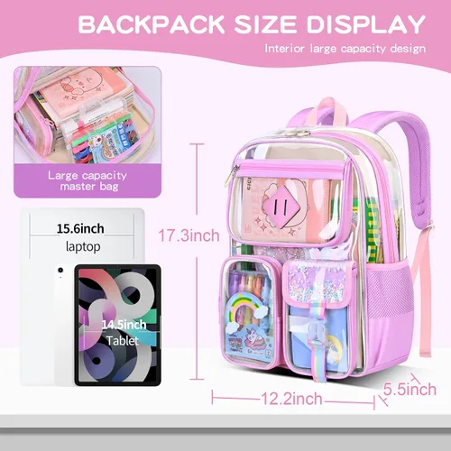 Vista 5 de Mochila transparente para hombre, mochila impermeable, escuela secundaria negra, escuela secundaria y universidad, Rosado, Estándar, Casual moderno