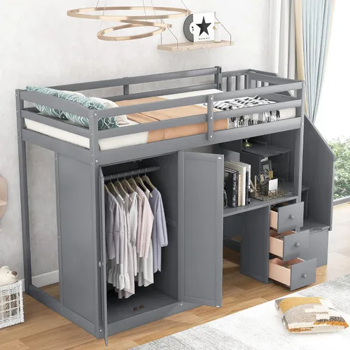 Vista 20 de Quarte Cama tipo loft única con cajones de almacenamiento y escaleras, cama alta de madera tamaño individual con estantes y barandillas, para niños