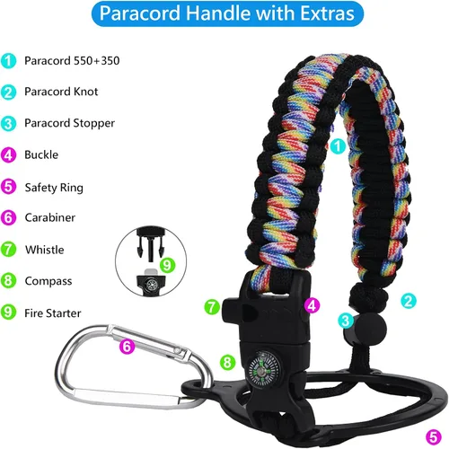 Vista 2 de Wongeto Mango de paracaídas, correa de supervivencia con anillo de seguridad y mosquetón, compatible con botellas de agua de boca ancha Hydro Flask