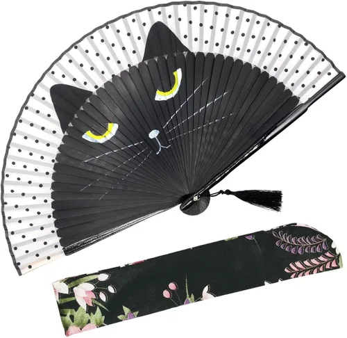 Vista 8 de OMyTea, abanico desplegable con motivo de flores de yuyos (8.27 pulgadas - 21 centímetros) con funda de tela para protección, estilo chino/japonés