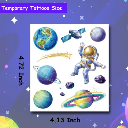 Vista 3 de 120 tatuajes temporales de galaxia con purpurina para niños y niños, 12 hojas de tatuajes del espacio exterior para niños, suministros de fiesta