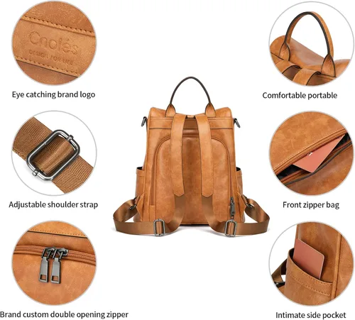 Vista 5 de Cnoles Moda mujer mochila monedero PU cuero grande diseñador casual viaje señoras universidad hombro bolsos, Marrón, Mochila de moda