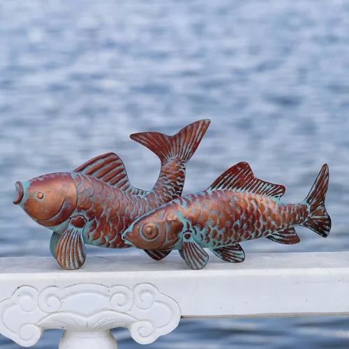 Vista 7 de Juego de 2 esculturas de peces Koi para exteriores, estatua de jardín, estanque, peces, patio, esculturas y estatuas de Koi de cobre antiguo