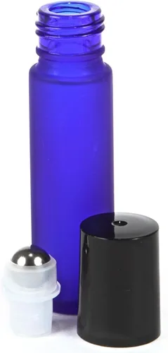 Vista 3 de Botellas enrollables de vidrio azul cobalto con bolas enrollables de acero inoxidable (0.3 onzas líquidas) para aceites esenciales, colonias