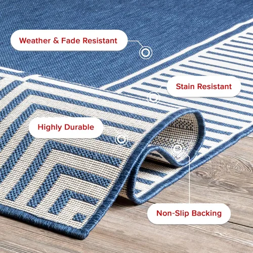 Vista 7 de nuLOOM Tapete de área para exteriores, diseño informal con borde a rayas, resistente a las manchas, altamente duradero, para patio, balcón, Azul