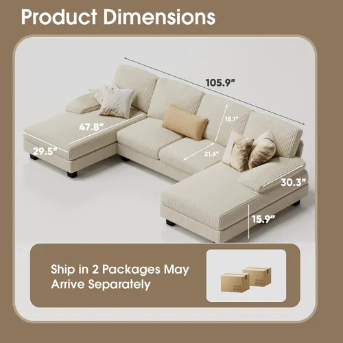 Vista 2 de Furmax - Sofás seccionales para sala de estar, sofá en forma de U con tela de lino, juego de sofá de 4 plazas con doble chaise para apartamento Beige