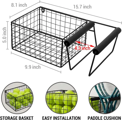 Vista 5 de MyGift Raqueta de tenis de metal colgante y cesta de almacenamiento de pelota de tenis, soporte de raqueta montado en la pared