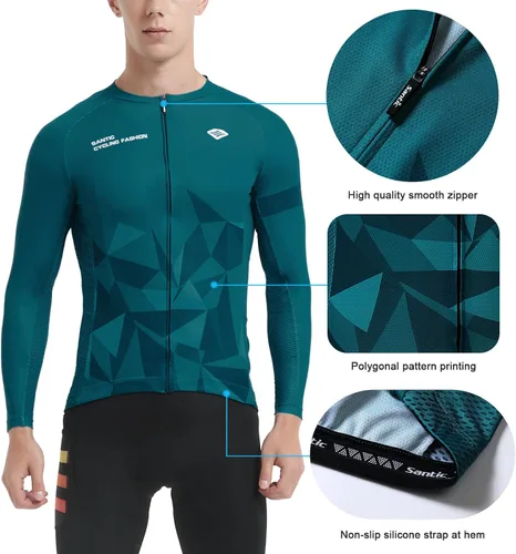 Vista 53 de Santic - Camiseta de ciclismo para hombre, manga larga, reflejante, cremallera completa, con bolsillos
