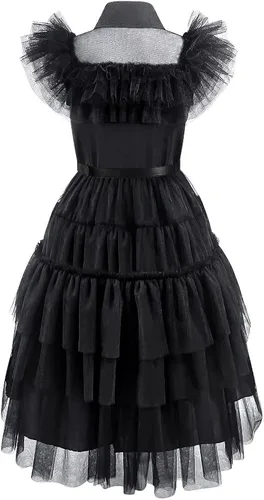 Vista 3 de Zalongye Disfraz de Wednesday addams para niñas, disfraz de la familia Addams, vestido de fiesta de Halloween con cinturón, 4-12 años
