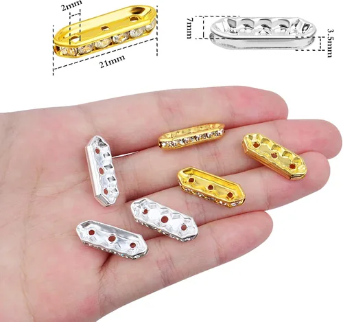 Vista 3 de 100 barras espaciadoras de diamantes de imitación de 3 agujeros, 6 barras espaciadoras de metal, conectores de eslabones para pulseras de múltiples