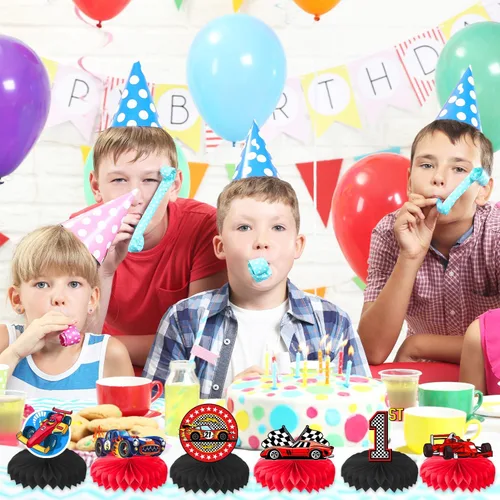 Vista 7 de 9 piezas de centros de mesa de nido de abeja de carreras con temática de cumpleaños, centro de mesa de superauto, decoración de mesa, regalos