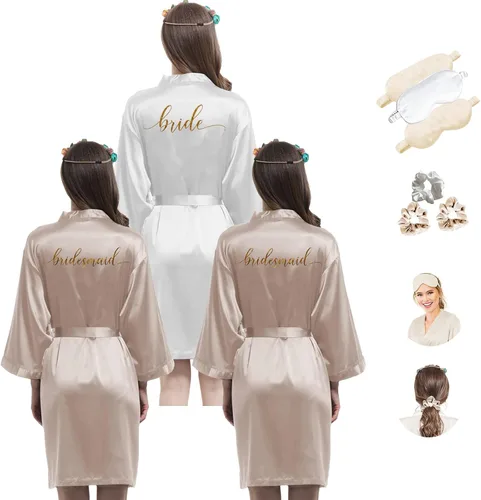 Vista 8 de Bata de novia para mujer, kimono, batas de satén para dama de honor, boda, fiesta, batas de novia, batas de seda
