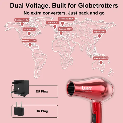 Vista 3 de LURA Secador de pelo automático de viaje de doble voltaje con difusor, secador de pelo de viaje mini con enchufe de la UE y enchufe del Reino Unido