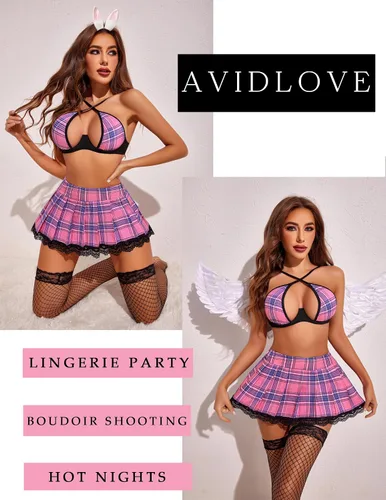 Vista 5 de Avidlove Conjunto de lencería para mujer con aros de dos piezas, conjunto de lencería sexy con minifalda plisada de encaje
