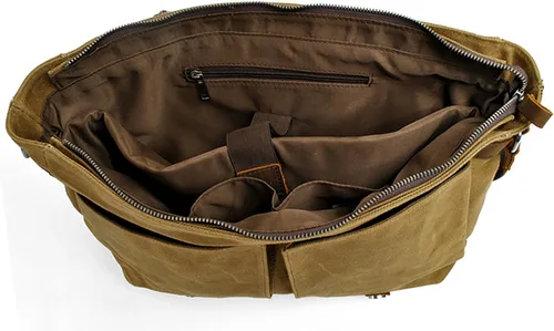 Vista 5 de HuaChen Mens Messenger Bag, Vintage Genuine Leather Waxed Canvas Shoulder Bag for 14" Laptop,Rugged Briefcase Satchel