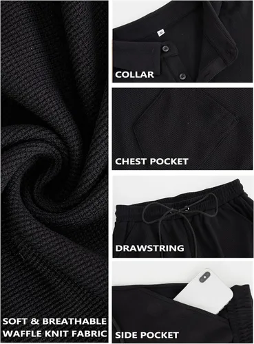 Vista 5 de WIGUREN Conjunto de camisa polo y pantalones cortos para hombre, conjunto de 2 piezas, de verano, casual, de punto gofre, de manga corta, para hombre