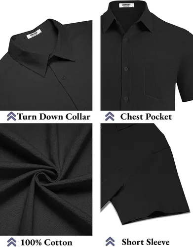 Vista 5 de COOFANDY Camisa de manga corta con botones para hombre, casual, de algodón, para verano, playa, lino, para boda, con bolsillo
