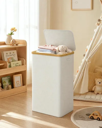 Vista 9 de iEGrow Cesta de lavandería con tapa, cesta grande de lavandería de 110 litros con asa y tapa, organizador de ropa plegable con bolsa interior Beige