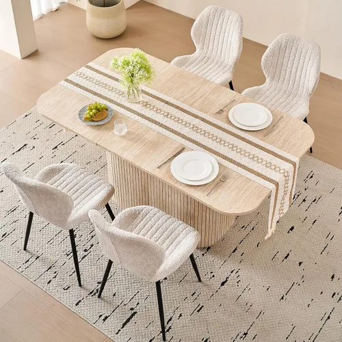 Vista 8 de Juego de 4 mesas de comedor grandes de 63 pulgadas para 4, esquinas redondeadas, mesa de cocina rectangular moderna de madera con sillas Boucle