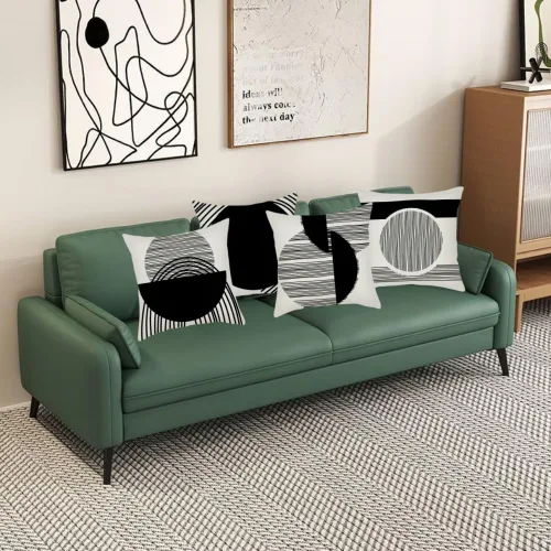 Vista 2 de IcosaMro Juego de 4 fundas de almohada bohemias de 18 x 18 pulgadas, color blanco y negro de mediados de siglo, diseño geométrico moderno de lino