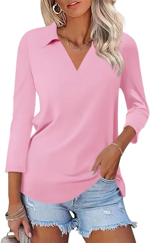 Vista 12 de TICTICMISS - Camisas polo de cuello en V para mujer, manga 3/4, con cuello, tops casuales de negocios, tops de verano a la moda, holgados