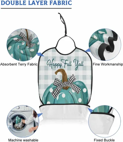 Vista 6 de Turquoise Pumpkin Adult Bib for Eating with Crumb Catcher,Washable & Waterproof Terry Cloth Adjustable Elderly Women Men Adult Bibs Funny Apron