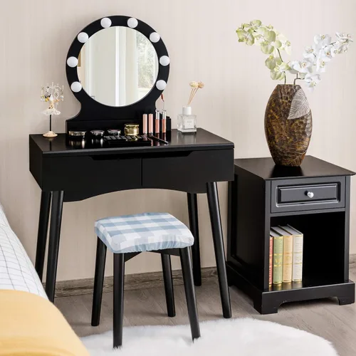 Vista 3 de Set de mesa de tocador Giantex con 8 bombillas y interruptor táctil, mesa de maquillaje para niñas princesa con espejo redondo grande, 2 cajones