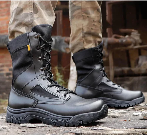 Vista 2 de Botas militares para hombre, botas tácticas, ligeras y duraderas, botas de trabajo al aire libre, combate, selva, antideslizantes, botas