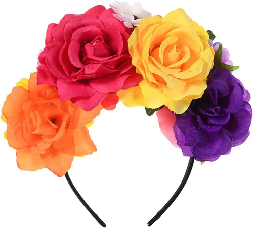 Vista 27 de DreamLily Frida Kahlo NC26 - Diadema con corona de rosas mexicanas para disfraz de fiesta de Halloween