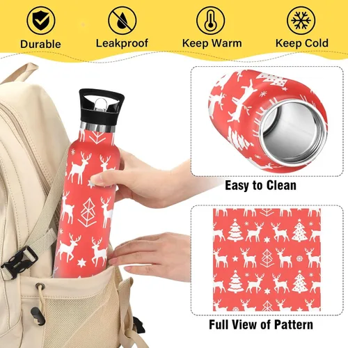 Vista 4 de Merry Christmas White Snowflakes Elk Leakproof and BPA Free Kids' Metal Water Bottle with Straw Lid Double Wall Vacuum Insulated Bottles for Travel