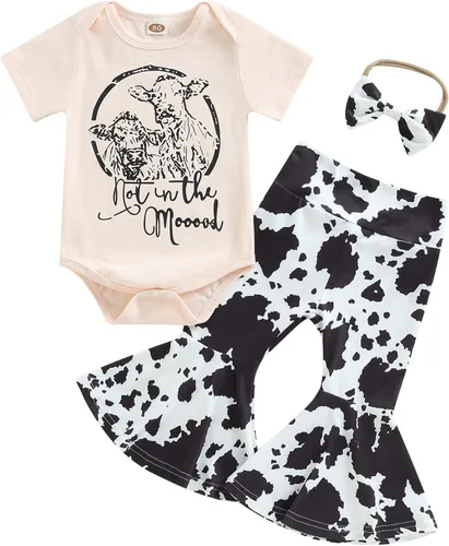 Vista 22 de fhutpw Conjunto de camiseta de manga corta con estampado de vaca y pantalones acampanados de dibujos animados para niñas