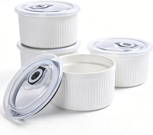Vista 9 de Juego de 4 moldes de cerámica de 14 onzas con tapas, aptos para horno, creme brulee para horno, soufflé, pudín, postre, inmersión, sobras