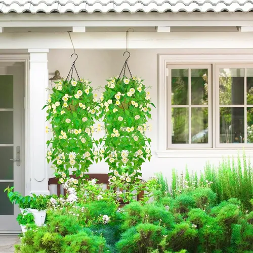 Vista 4 de Plantas colgantes artificiales para decoración de primavera y verano, resistente a los rayos UV, tela de plástico sintética resistente a los rayos