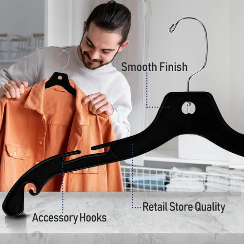 Vista 7 de Victory Display - Perchas de plástico negro resistentes para ropa, perchas delgadas que ahorran espacio con ganchos giratorios, colgador de plástico
