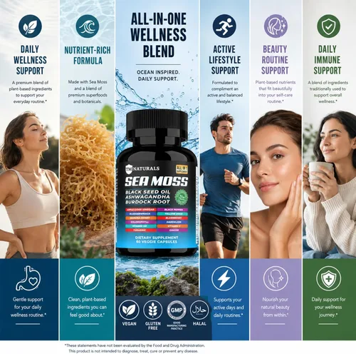 Vista 6 de Musgo marino con aceite de semilla negra, vitamina C, Ashwagandha y cúrcuma para apoyo inmunológico y energía, 60 cápsulas veganas + pastillero
