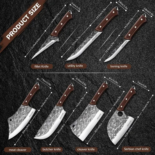 Vista 2 de Juego de cuchillos de carnicero forjados a mano con bolsa de rollo High Carbon Steel 14PCS Meat Cleaver Knife, Bone Chopper Knives, Fillet Knives