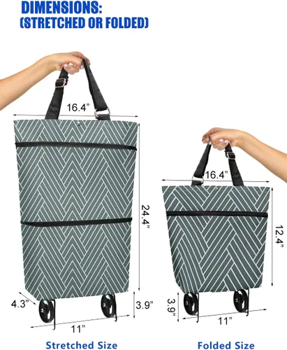 Vista 2 de Carrito de comestibles plegable con ruedas, práctico carrito de compras para comestibles (rayas grises)