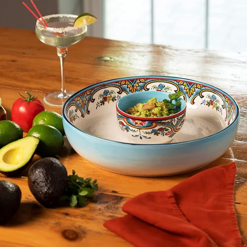 Vista 5 de Euro Ceramica Zanzíbar - Tazón para chips y salsas (2 unidades), multicolor, 24 onzas