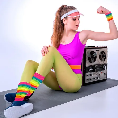 Vista 3 de Calentadores de piernas para mujer, muñequeras con diadema de los años 80, juego de calentadores de piernas de neón para deporte, yoga, ropa