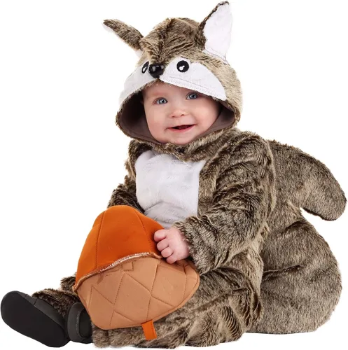 Vista 5 de Disfraz de ardilla gris para bebés, unisex, de una sola pieza, con cola de felpa y capucha