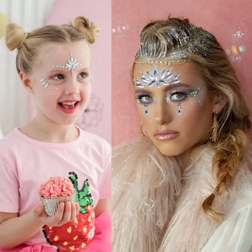 Vista 6 de 6 hojas de joyas para la cara, gemas para la cara, diamantes de imitación autoadhesivos para maquillaje, accesorios para disfraces de festivales